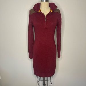Tommy Hilfiger Red Burgundy Knit Dress Leather Details Collar Zipper Size Large